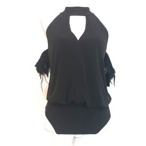 NEW!! Alexia Admore SIZE S Black Feather Bodysuit Blouse Top Boston Proper